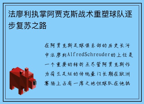 法廖利执掌阿贾克斯战术重塑球队逐步复苏之路 法廖利执掌阿贾克斯战术重塑球队逐步复苏之路